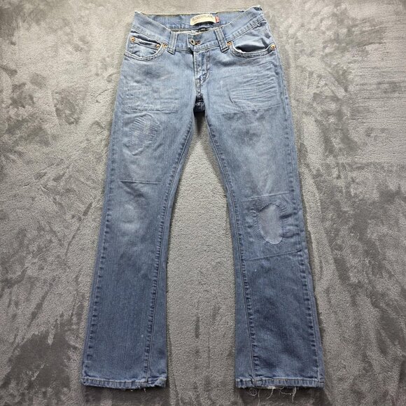 Levis 527 Slouch Flare Jeans Womens 7 Medium Blue Distressed Patch Y2K Style - Picture 1 of 13